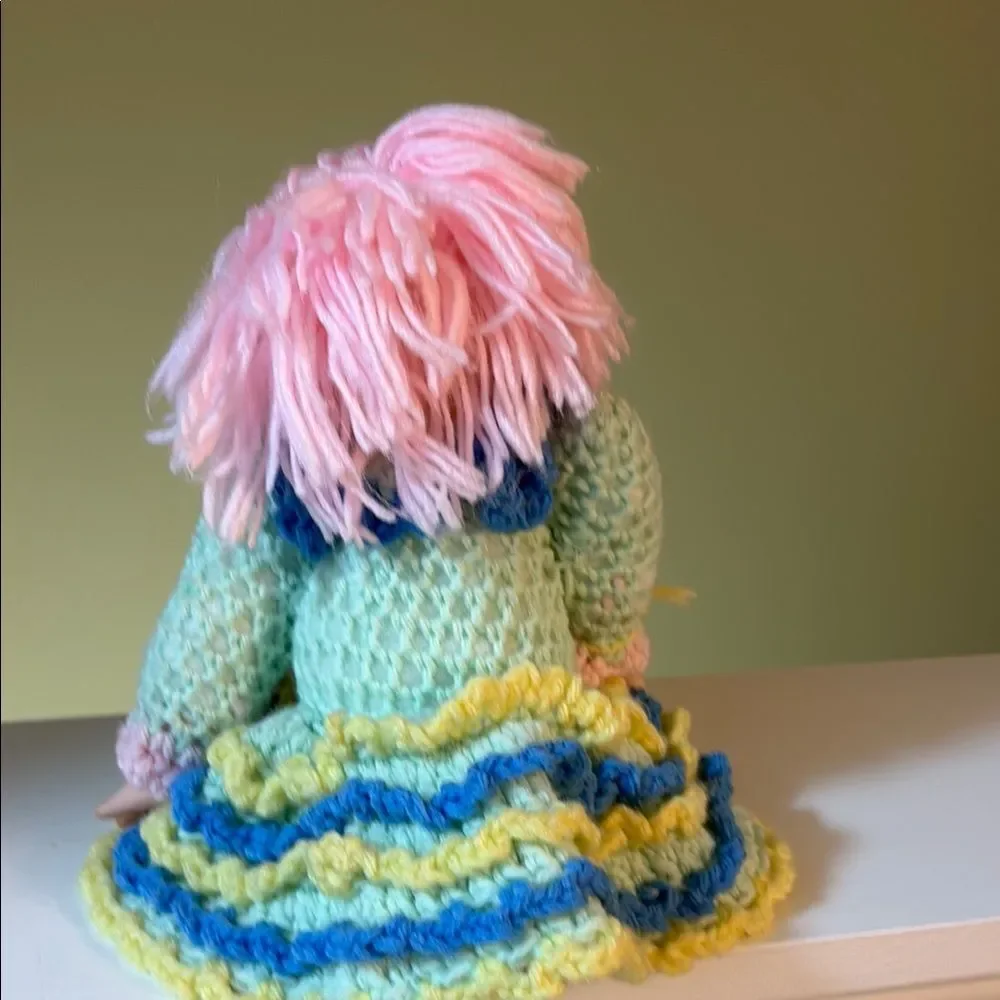 Vintage Adorable Pink and Blue Crochet Doll